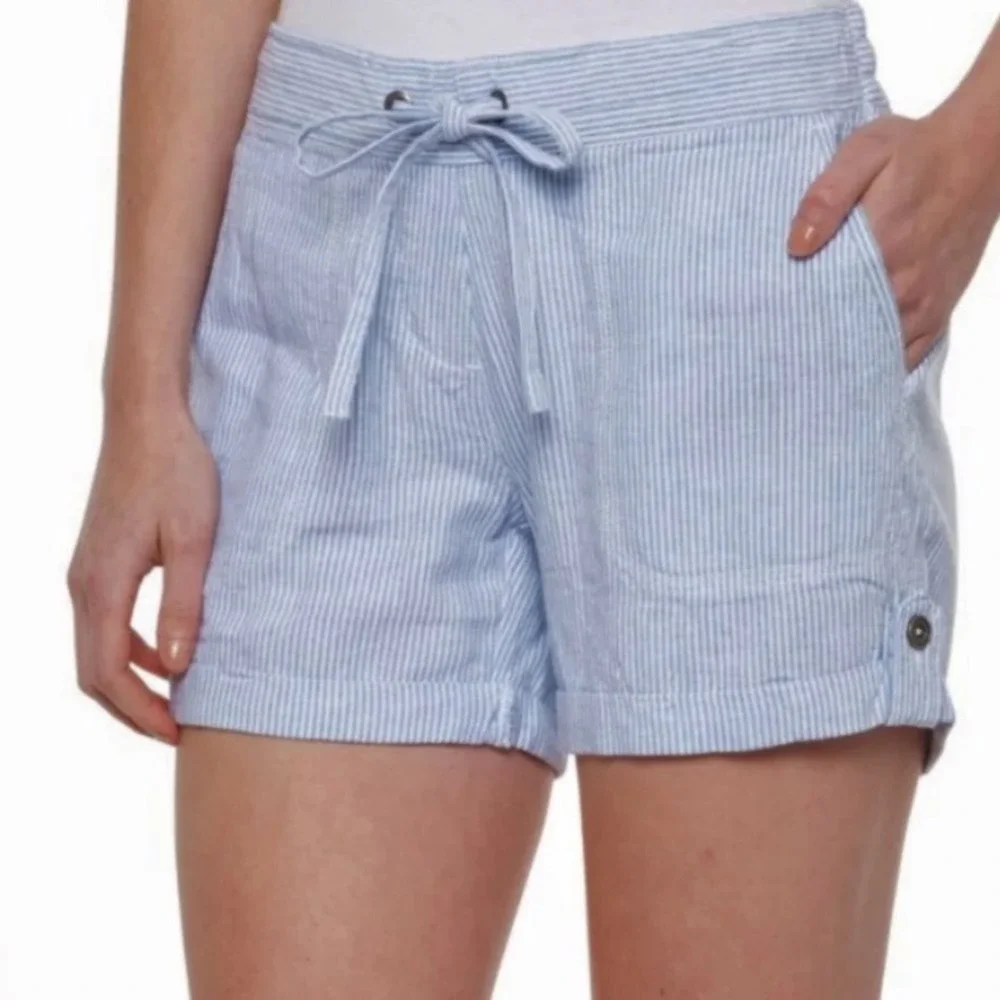 Per Se Womens Blue White Striped Linen Blend Drawstring Shorts Cuffed Hem